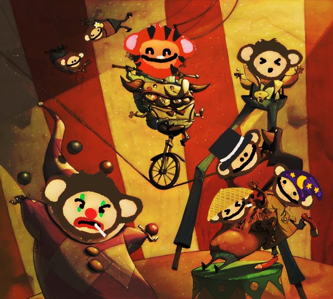 An illustrated scene of monkeys dressed as circus performers, including one on a unicycle in a clown costume and another juggling, set against a red and yellow striped circus tent background.