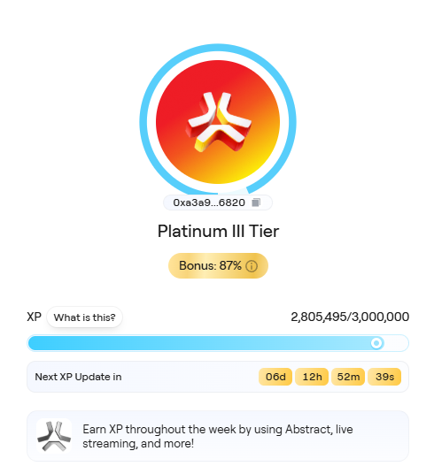 A digital dashboard showing 'Platinum III Tier' status with an 87% bonus, XP progress at 2,805,495/3,000,000, and a countdown timer reading 06d 12h 52m 39s.
