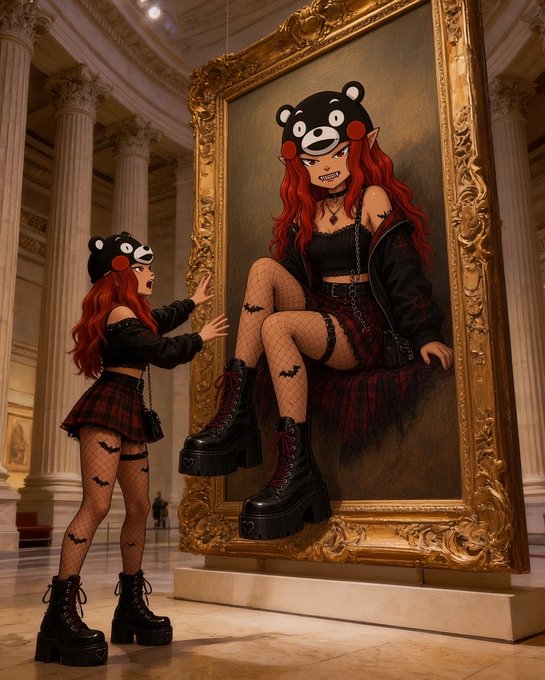 A red-haired anime-style character in gothic platform boots stands before her own giant portrait in a classical art museum, wearing a bear hat and dark outfit with fishnets.