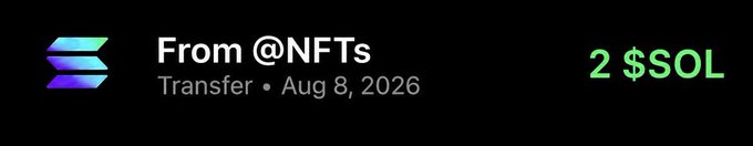 A transaction screenshot shows a transfer of 2 $SOL from @NFTs dated August 8, 2026, visually representing the prize amount for the giveaway being promoted in the post.