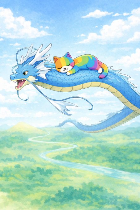 A serene, watercolor-style illustration shows a blue eastern dragon soaring through a partly cloudy sky with a small, sleeping rainbow-striped cat curled up on its back, fitting the "good night" sentiment as the pair drift peacefully above a lush green landscape.