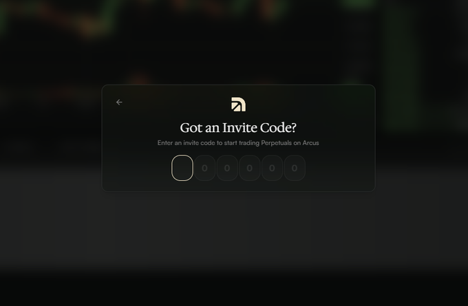 A login screen prompt asking 'Got an Invite Code?' with the text 'Enter an invite code to start trading Perpetuals on Arcus' and six empty input boxes.