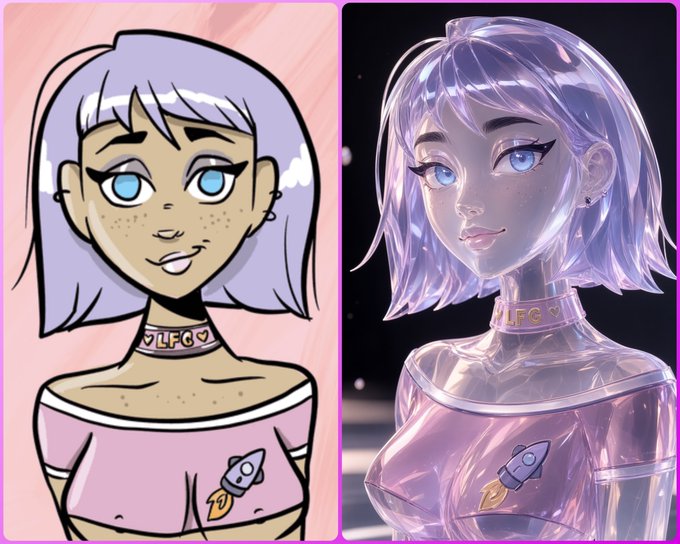 Side-by-side comparison of a cartoon-style female character (labeled LFG) and her realistic 3D rendered version, both featuring purple hair and a rocket logo on a pink shirt.