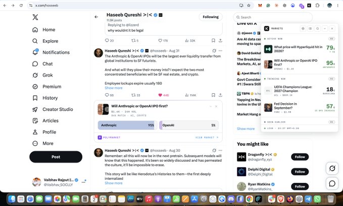 A Twitter/X screenshot showing a post by Haseeb Qureshi (@hosseeb) discussing Anthropic and OpenAI IPOs, with a poll showing 'Anthropic 95%' vs 'OpenAI 5%', and a sidebar showing live stock prices including LiveOne (LVO) at 79.95.