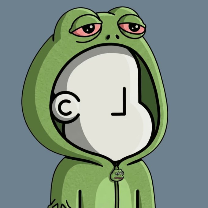 A cartoon illustration of Pepe the Frog wearing a green hoodie with the hood down, set against a gray background.
