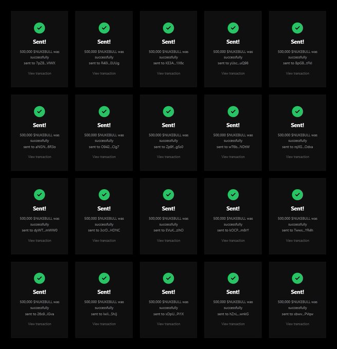 A grid of 20 confirmation screenshots showing successful transfers of 500,000 $NUKEBULL tokens to various Solana wallet addresses, supporting the airdrop giveaway promoted in the post.