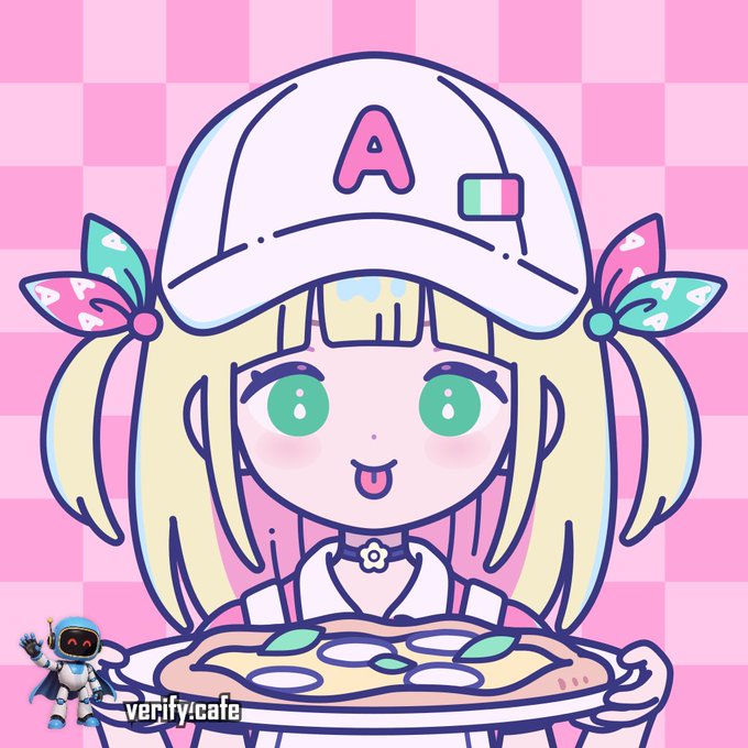 A cute anime-style blonde girl wearing a white cap with an "A" logo holds a yellow margherita pizza against a pink checkered background, with "verify.cafe" text and a small astronaut mascot in the corner, illustrating the post about Pizzachan from Chef Tony's delivering a special yellow margherita pizza.