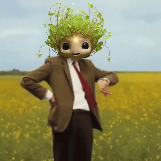A whimsical figure wearing a business suit and red tie stands in a yellow field, topped with a Groot-like head sprouting green leafy foliage.