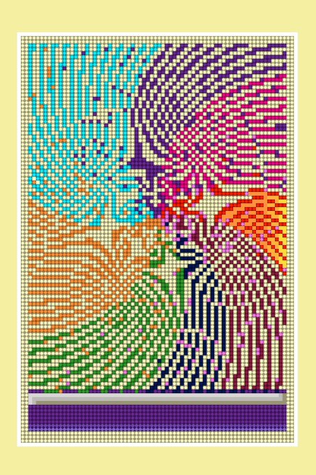 A colorful, symmetrical digital illustration featuring a vibrant, pointillist-style pattern with floral and geometric elements in pink, blue, green, and orange, bordered by a purple base.