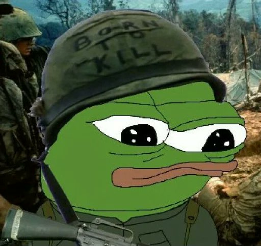 A meme image combining a photo of a soldier in a Vietnam War setting with the Pepe the Frog cartoon face, wearing a helmet that reads 'BORN TO KILL'.