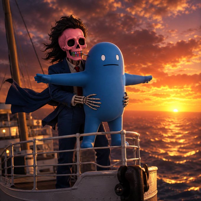 A 3D-rendered scene of a skeleton in a suit embracing a blue blob character on the bow of a ship at sunset.