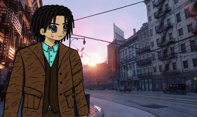 Anime character with dreadlocks in a brown suit and vest standing on a city street at sunset with vintage cars and brick buildings in the background.