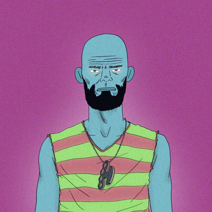 A cartoon illustration of a bald, bearded man with blue-toned skin wearing a green and orange striped tank top and a necklace with an 'H' pendant against a purple background.