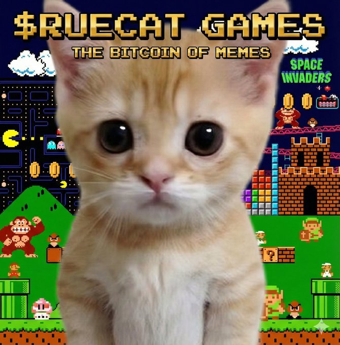 Promotional graphic for '$RUECAT GAMES - THE BITCOIN OF MEMES' featuring an orange kitten overlaid on retro pixel art game scenes including Space Invaders and Mario-style platforms.