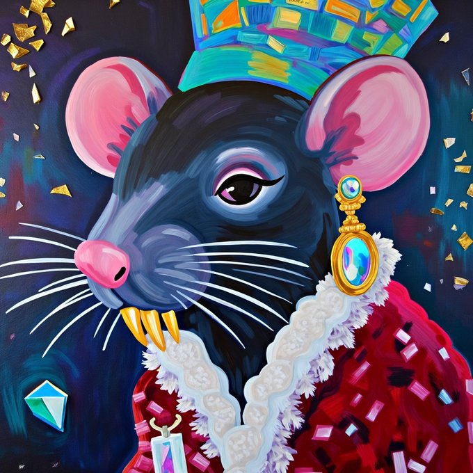 A whimsical painting depicts a regal black rat adorned in royal finery, wearing an ornate teal crown, a luxurious red robe with white fur trim, and dangling jeweled earrings, with golden confetti scattered around. The image perfectly matches the "fancy rat" theme of the post, playfully portraying the rodent in a royal, extravagant style.