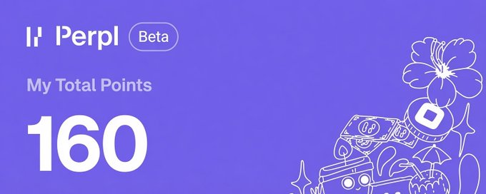 A purple Perpl Beta interface showing "My Total Points" at 160 with decorative line art of flowers, coins, and a hibiscus.