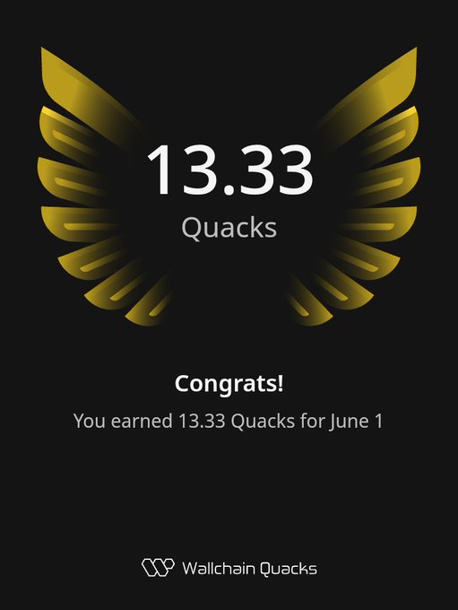 !"'", which is a part of an image caption about a social media post showing someone's accomplishment, where they've earned 13.33 Quacks from Wallchain Quacks app.