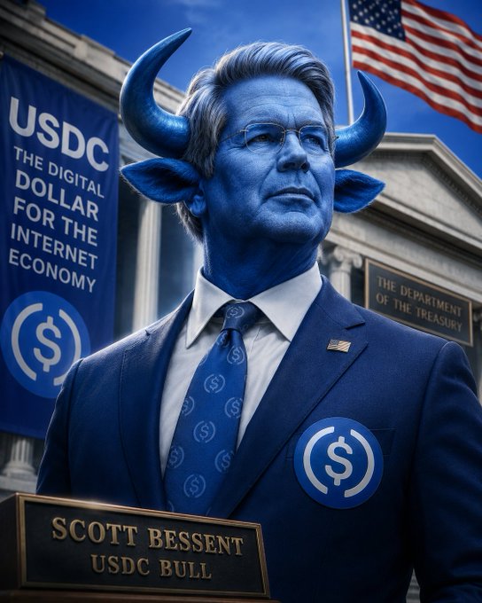 An AI-generated image depicting a blue-skinned, bull-headed figure labeled 'SCOTT BESSENT USDC BULL' in a suit, standing in front of a US Treasury building with a banner reading 'USDC THE DIGITAL DOLLAR FOR THE INTERNET ECONOMY'.