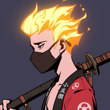 An illustration of a character with flaming yellow hair, a black face mask, and a red jacket with skull emblems, carrying a sword on their back.