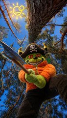 A Shrek character dressed as a pirate with a sword and hat stands in a forest with a glowing sun symbol in the sky.