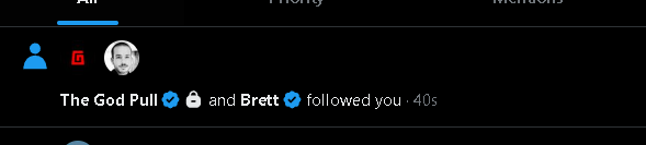 A Twitter notification shows that "The God Pull" and "Brett" followed the user 40 seconds ago, reflecting the creator's gratitude for gaining new followers—likely thanks to engaging content from collaborators like @betty_nft, even while they're busy enjoying Decentraland.
