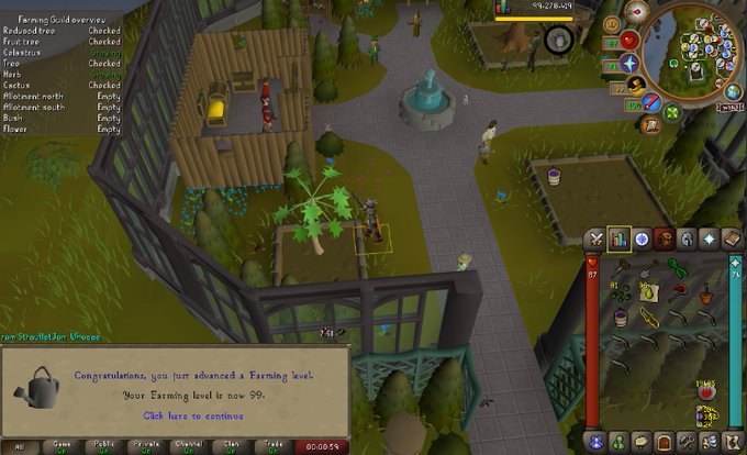 A screenshot of the game Old School RuneScape showing a player character tending to a Farming patch in a greenhouse, with a notification that the Farming level has reached 99.