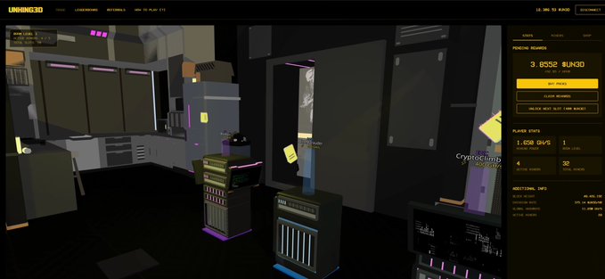 A screenshot of the UNHING3D web-based game showing a low-poly 3D mining facility with various rigs, displaying a pending balance of 3.8592 $UN30 tokens, 1.63 GHS player stats, and additional information such as global ranks and additional info on the right panel.