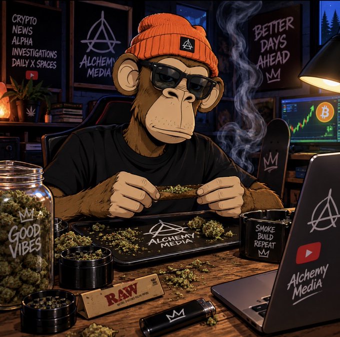 A stylized illustration depicts a monkey wearing sunglasses and an orange beanie rolling a joint at a desk, with text including 'ALCHEMY MEDIA', 'CRYPTO NEWS ALPHA INVESTIGATIONS DAILY X SPACES', 'BETTER DAYS AHEAD', 'GOOD VIBES', and 'SMOKE BUILD REPEAT' visible on signs, jars, and a laptop.