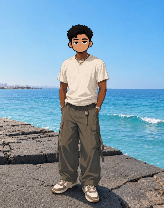 A cartoon-style illustration of a young man wearing a white t-shirt, green cargo pants, and a chain necklace, standing on a rocky shore by the sea.