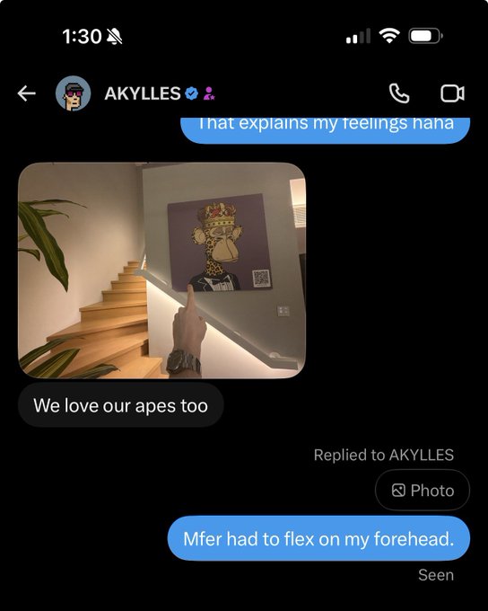 A screenshot of a DM conversation with "AKYLLES" who sent a photo of a Bored Ape NFT artwork on a staircase captioned "We love our apes too," prompting the reply "Mfer had to flex on my forehead." The image illustrates the playful NFT community banter referenced in the post, where someone from BAYC also "dunked" on the user's forehead in their DMs alongside the broader appreciation for the Garden, Ape, and InfoFi arcs.