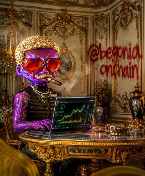 An NFT-style illustration of a purple-skinned, curly-haired figure with heart-shaped sunglasses and a cigar, sitting in an opulent gold room while viewing a crypto trading chart on a laptop, tagged "@begonia onchain".