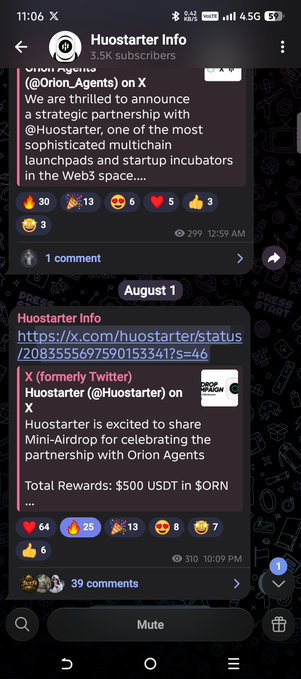 A screenshot from a Telegram channel called 'Huostarter Info' announcing a strategic partnership with @Orion_Agents and a Mini-Airdrop celebrating the partnership with $500 USDT in $ORN rewards.