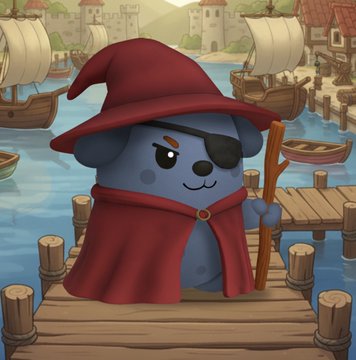 An illustration of a cute blue bear-like mascot wearing a red wizard hat and cape with an eye patch, holding a wooden staff and standing on a wooden dock in a cartoon harbor town.