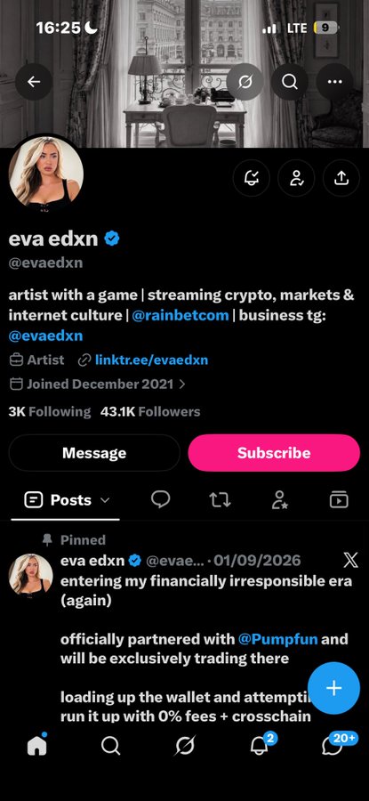A Twitter/X profile page for 'eva edxn' (@evaedxn), a verified artist with 43.1K followers who describes herself as streaming crypto, markets & internet culture, with a pinned post announcing a partnership with Pumpfun and entering a 'financially irresponsible era.'