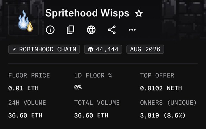 A NFT marketplace screenshot for the 'Spritehood Wisps' collection on the Robinhood Chain, showing a floor price of 0.01 ETH, top offer of 0.0102 WETH, and 3,819 unique owners as of August 2026.