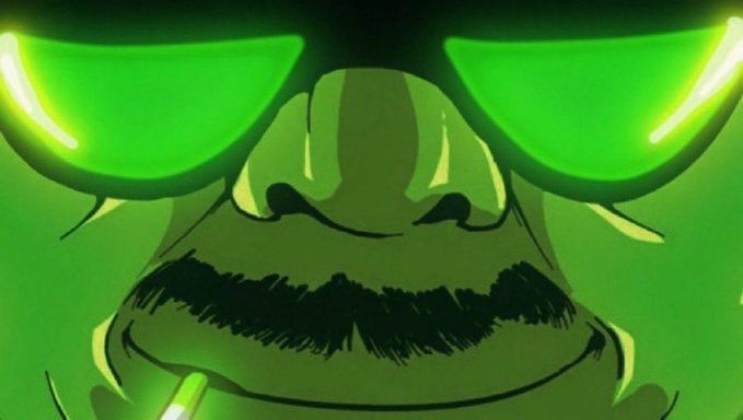 An anime-style close-up of a character's face with a mustache, wearing glowing green sunglasses against a green background.