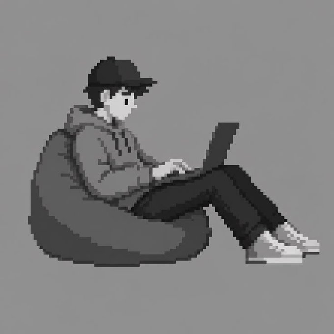 A grayscale pixel art illustration of a person wearing a cap and hoodie, sitting on a beanbag chair and typing on a laptop.