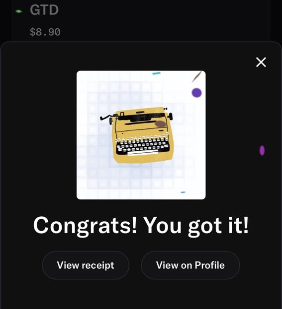 A digital receipt screen showing 'Congrats! You got it!' with an illustration of a typewriter and a 'GTD' item priced at $8.90.