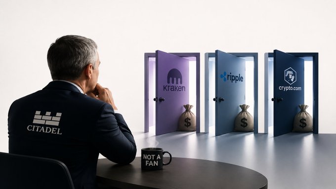 A satirical illustration of a person wearing a Citadel jacket sitting at a table with a 'NOT A FAN' mug, looking at three doors labeled Kraken, Ripple, and crypto.com, each with money bags in front.