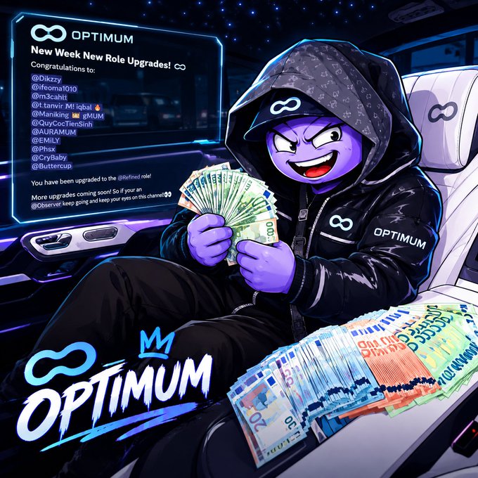 A promotional graphic for 'OPTIMUM' featuring a purple cartoon character in a car holding a fan of euro banknotes, with text announcing 'New Week New Role Upgrades!' for several users.