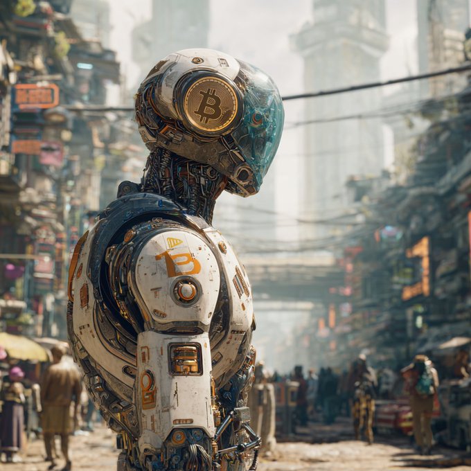 A weathered humanoid robot with a Bitcoin logo on its head and chest stands in a bustling cyberpunk-style street scene.
