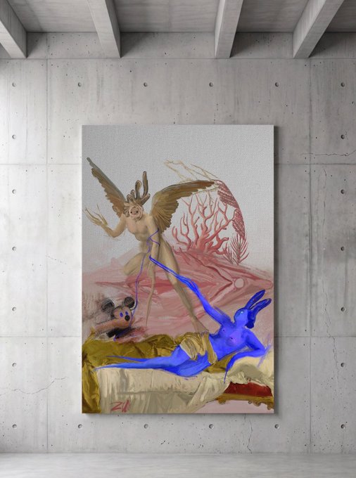 A surrealist painting displayed on a concrete wall, featuring a winged, horned figure standing over a blue, humanoid rabbit-like creature lying on a bed with flowing red and pink fabrics.