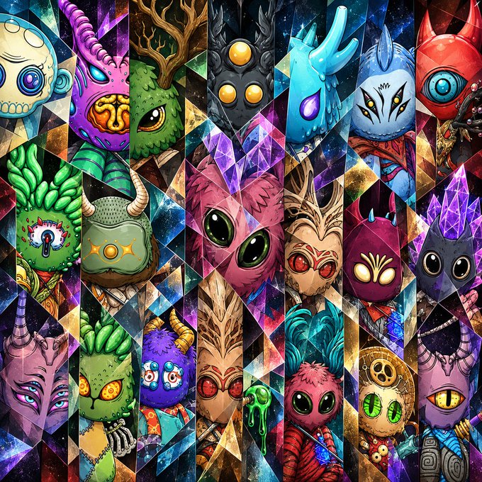 A vibrant, colorful collage-style artwork featuring numerous fantastical creatures and monster faces with various designs, eyes, and horns arranged in vertical panels.