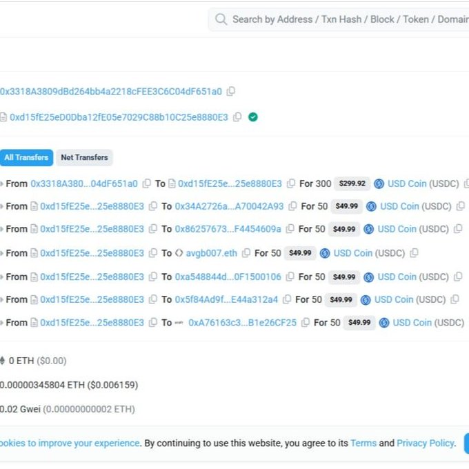 A blockchain transaction screenshot showing $299.92 and multiple $49.99 USDC transfers from address 0x3318A380...D4dF651a0 to 0xd15fE25e...25e8880E3, confirming the $2,500 USDC giveaway distribution to 50 winners at $50 each as announced by @HeyElsaAI.