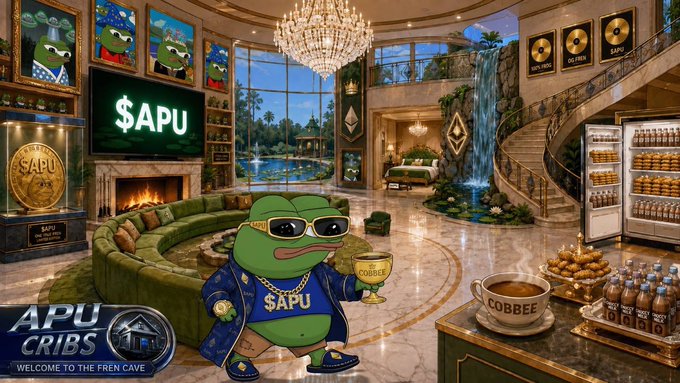 A digital artwork titled "APU CRIBS - Welcome to the Fren Cave" featuring an anthropomorphic frog character wearing sunglasses and a $APU jersey, standing in a luxurious mansion filled with $APU and KOBBEE branded items.