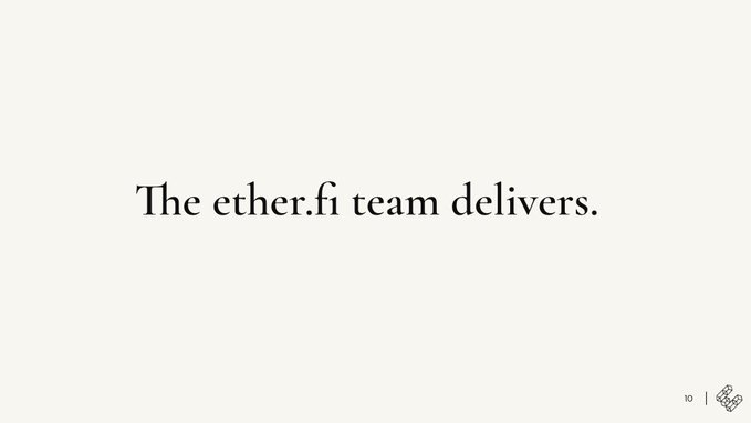 A white screen shows the text 'The ether.fi team delivers.' in black serif font, with a small icon in the bottom right corner.
