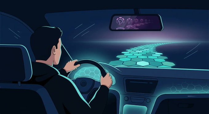 Stylized illustration of a person driving a car at night, with the dashboard, steering wheel, and head-up display projected on the windshield showing a glowing teal hexagonal path ahead.
