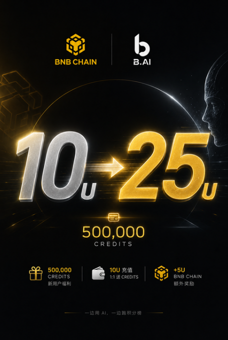 The image features a poster advertising an event by B.AI, which is related to BNB Chain. The poster displays two figures, one of whom has a face, and they are positioned at different angles relative to each other. They are surrounded by various objects such as cubes and stars, creating a visually appealing composition.

The text on the poster highlights that there will be a special offer for new users who join B.AI's platform. These new users can receive 500K Credits for free when they sign up. The poster also mentions that this offer is limited to 10 users at once, and it encourages people to take advantage of this opportunity by signing up immediately.