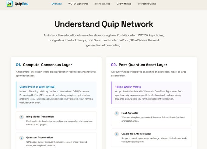 The focus of this image is Quip Network, an educational simulation tool showcasing a software called Post Quantum Asset Layer (PQAL). This software combines two vital concepts - computing power and blockchain security - within one platform. By simulating a complex network structure on the PQAL system, users can learn more about how these networks work while also understanding their security aspects. The post emphasizes the efficiency of using Quip Network as an alternative to traditional mining methods that waste energy on random hash generation. The main message is clear - use Quip Network for educational purposes and understand it as a software that demonstrates an interactive educational simulation where Quantum Mechanics is applied, showing how blockchain technology can be used to ensure security in computing systems.