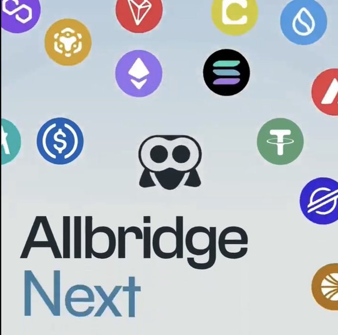 The image features a white background with various cryptocurrency logos scattered throughout. The main focus is on the Allbridge Next logo located at the bottom center of the image. This logo represents an upcoming platform for cryptocurrency trading, which aims to simplify the process by allowing users to easily move their assets between different ecosystems without any additional complexities.